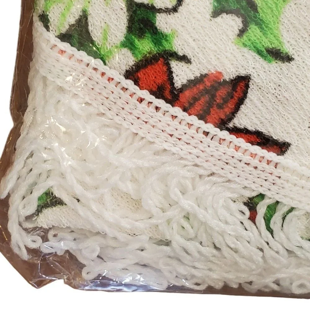 Vintage Retro Christmas Poinsetta Terrycloth Fringe‎ Trim Round Tablecloth 60 In